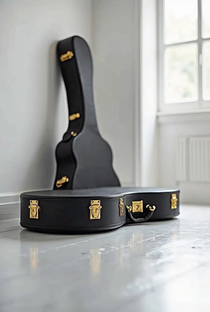 a closed black guitar case with gold details on a white floor. Dynamic photo.