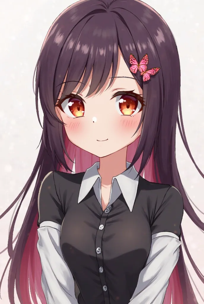  A female anime character,dark purple hair with a slight red tinge length of the waist,wears pink butterfly hairpin accessories on the right part of the hair,bright orange eyes,dressed in a black shirt with long white sleeves and a white collar,his face is...