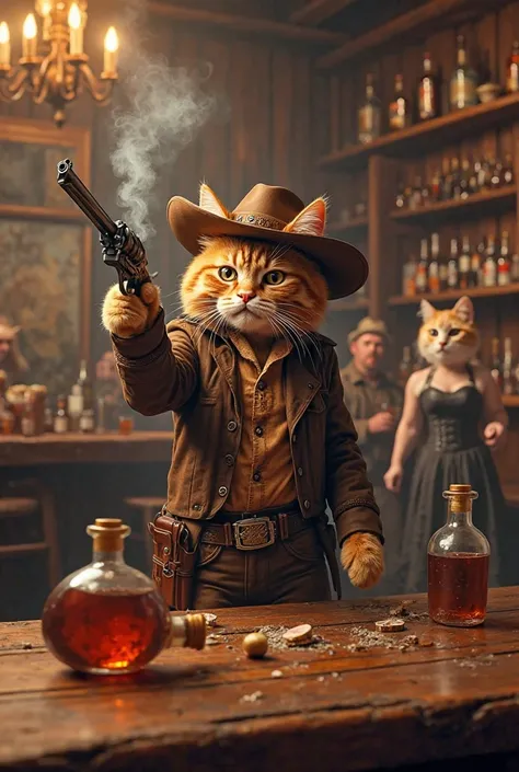 Prompt (Text-to-Image):

A ginger tabby cat, dressed as a Wild West sheriff, stands confidently inside a rustic saloon, spinning his smoking revolver near his head after a victorious duel. His rugged leather jacket, sheriff’s badge, detailed cowboy boots, ...