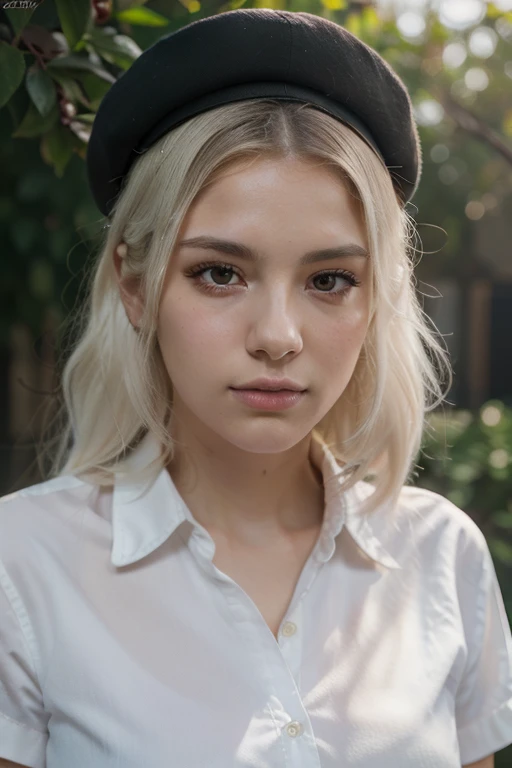 make an anime picture of 1 guy and 5 girls all with white hair and wearing a black shirt and red tie for the guy give him sunglasses and a general's hat