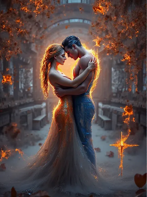 A stunning digital masterpiece painting depicting a passionate embrace between a man, physically perfect body, muscular body frame,(full body shot)engulfed in fiery orange and red fire and a woman in a fiery white and blue ice, physically perfect body, mus...