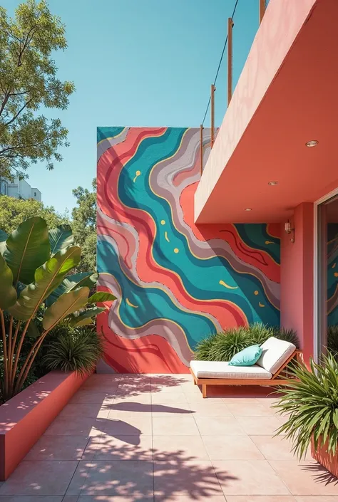 A mural in two colors coral and turquoise for an outdoor terrace