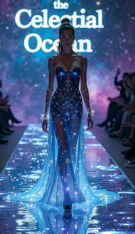 "The Celestial Ocean Weaver"
Background Writing:
In bold, futuristic black typography, the words "8th Fashion Studio" are elegantly etched across the runway backdrop, glowing faintly with a holographic shimmer. The letters appear to float mid-air, creating...