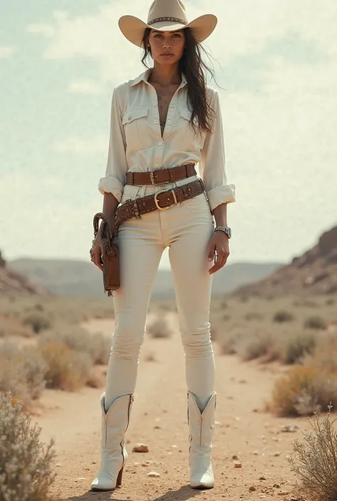 Cowgirl woman in white cowgirl outfit, pants and white pointed toe high heel boots (inside the pants), bad smells