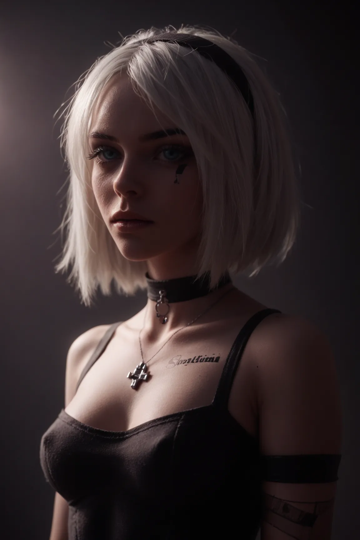 YorHa 2B, Goth girl style, multiple ear piercings, face piercings, color tattoos, cowboy shot 