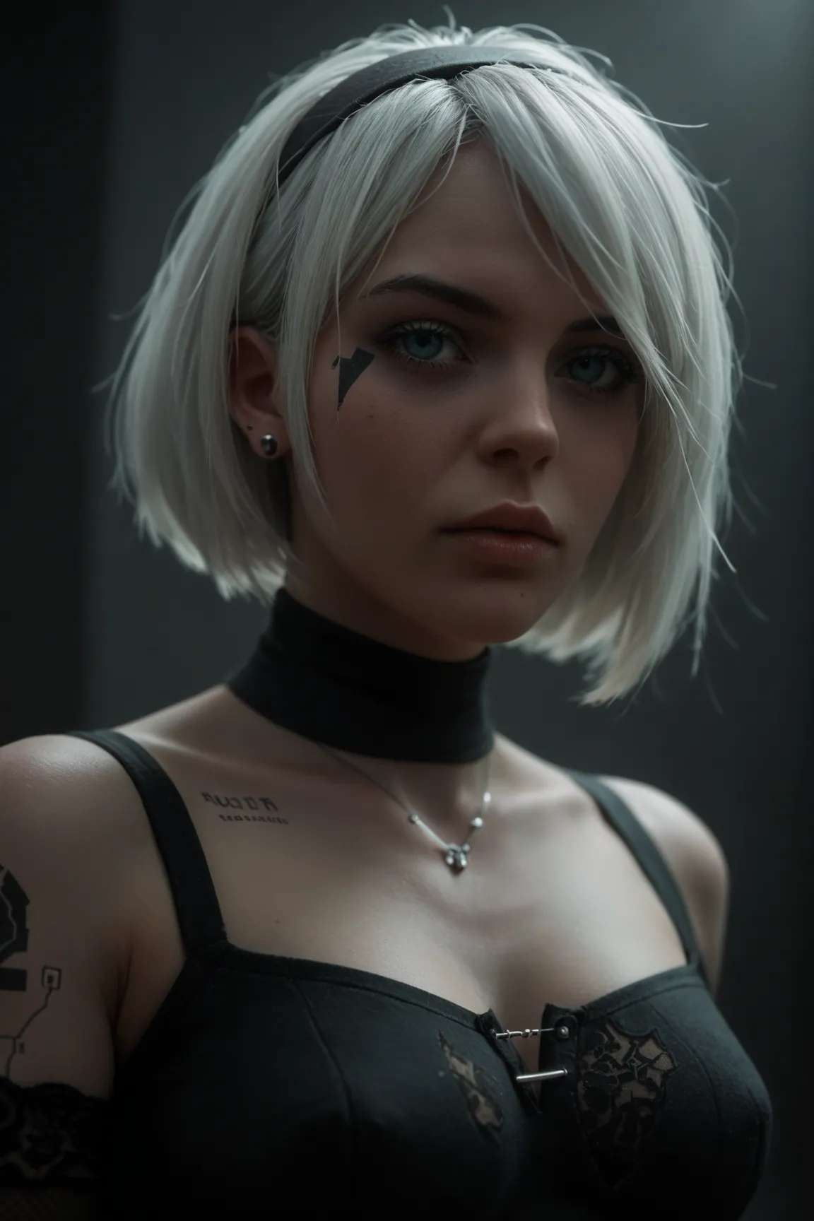 YorHa 2B, Goth girl style, multiple ear piercings, face piercings, color tattoos, cowboy shot 