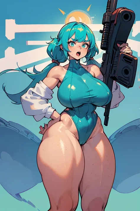 angry scream, Open mouth, young woman, Pullover, whole body to see, pigtails bangs hair, gauge breast, fullbody, platform heels, ((freckled skin)), cyan leotard, flat chest , topless, ((high cut leotard), standing, holding gun, shooting gun, cyan cloth, re...