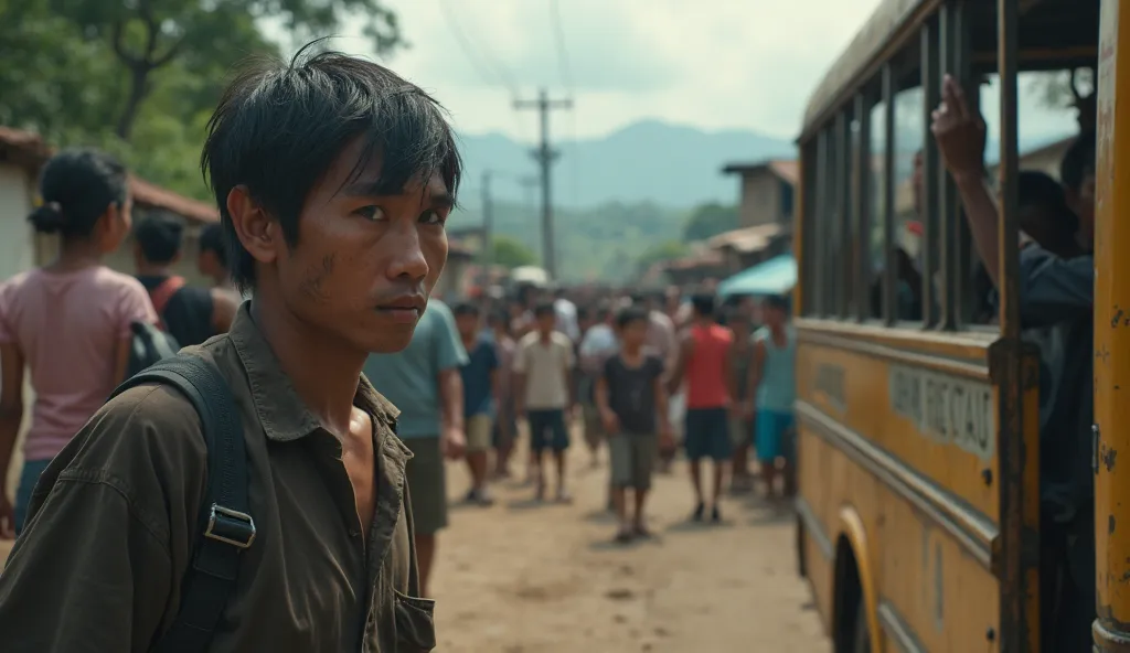 An ugly young man in rural Indonesia almost gets on the bus, but suddenly hears a woman's voice.