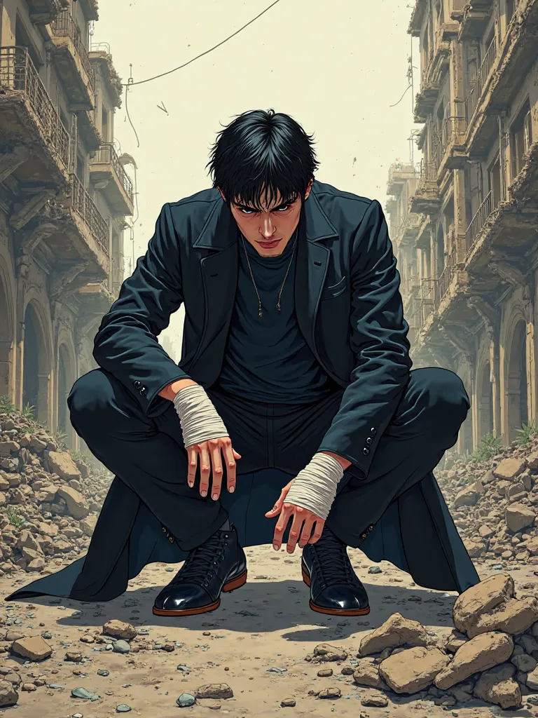 Handsome young man with black hair in a black long coat, wearing a black sweater , squats on the roof of a ruined city. The man's hands are bandaged. A bright, rich picture
line art


