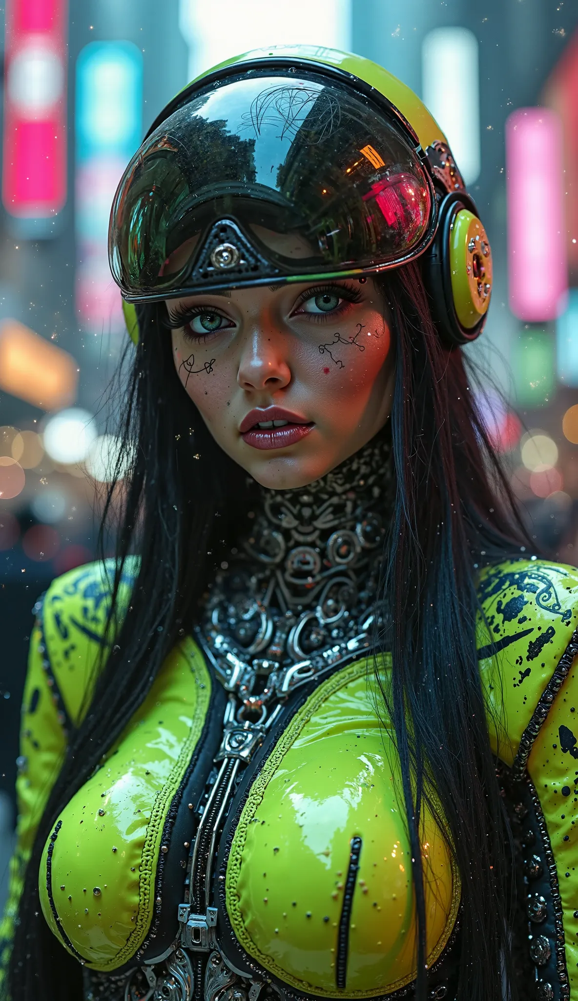 A futuristic android woman with punk and vampiric qualities. She has long, black hair and wears a latex outfit with vibrant colors and patterns mostly neon green. The outfit includes a large, reflective visor. The android's neck and upper torso are adorned...