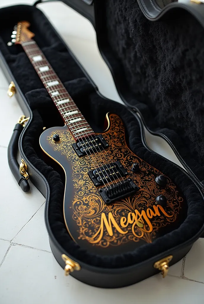 A black guitar with gold details,  written on it  "Meghan" inside an open black guitar box on a white floor. Dynamic photo