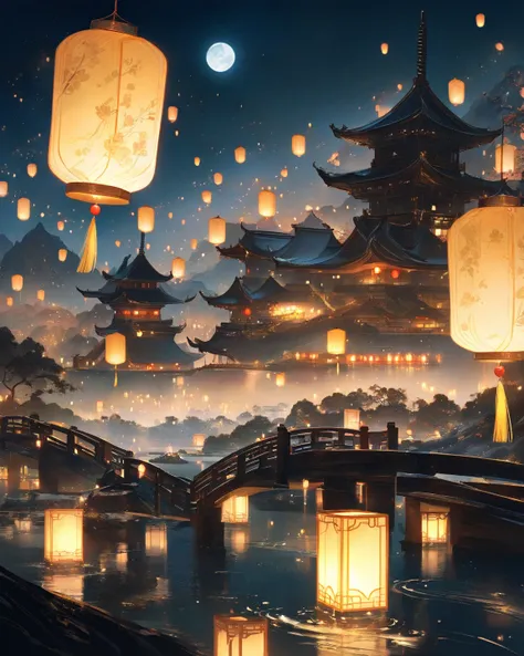 A dreamy night scene in an ancient Chinese landscape, a serene lake reflecting the soft glow of lanterns, a traditional Chinese pagoda with warm golden lights, a wooden bridge extending over the water, distant misty mountains under a bright full moon, lush...