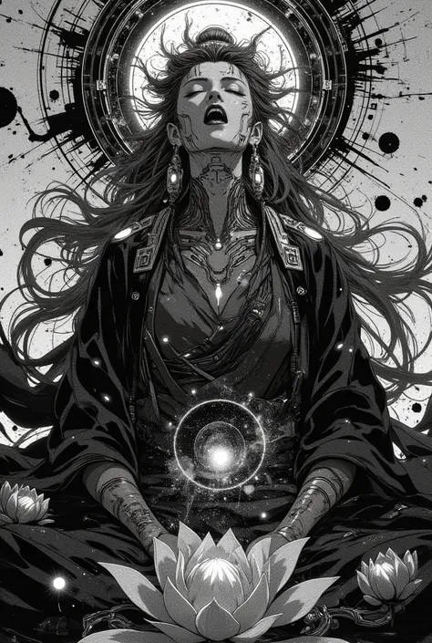 A hyper-realistic dark surrealism artwork of Kwan Im with a gothic and cyberpunk fusion aesthetic. She is adorned in flowing, tattered robes of black and silver, blending traditional Buddhist elegance with a futuristic dystopian twist. Her serene yet haunt...