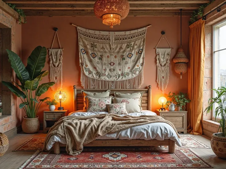 A relaxed, bohemian-style bedroom with layered textiles, warm earthy tones, and eclectic decor, viewed from the foot of the bed.