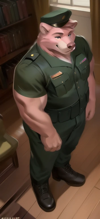  alone,  man big tall ,posture, stranding Military discipline,The room is endlessly empty., pink bear  ,black Green military Army uniform ,  Wearing Boots ,  Overweight ,  Muscle ,  smiley , by chunie 