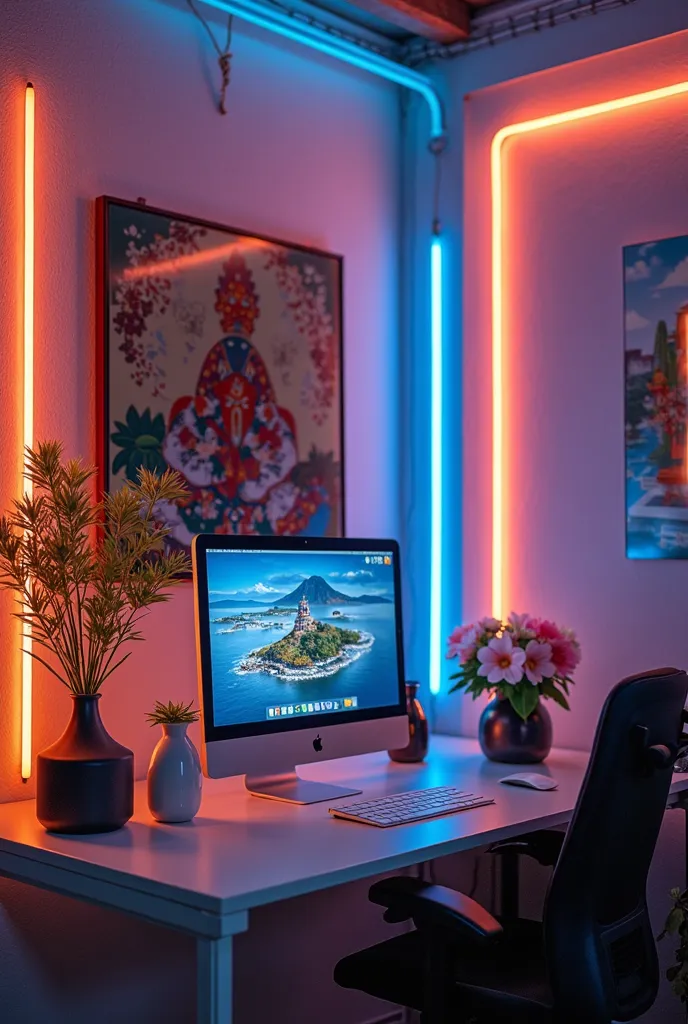 "Create a modern office room with a sleek iMac on a desk, small flower vases, traditional Myanmar paintings on the walls, and colorful LED lights. The room is brightly lit with vibrant, multicolored neon tubes and glowing lights, creating a dazzling and en...