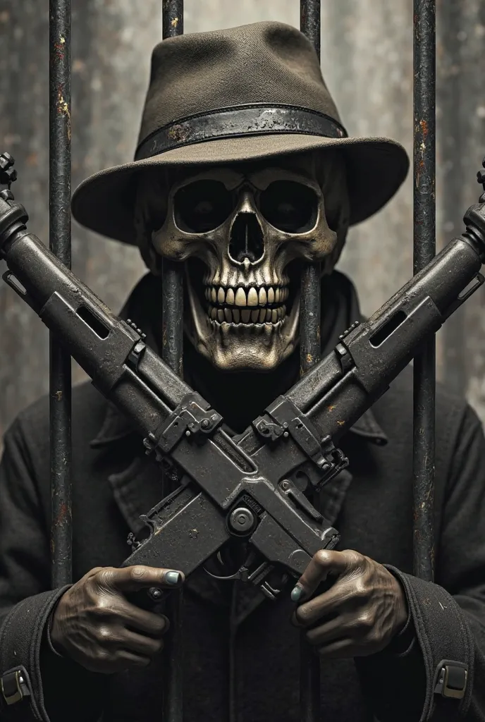 Image of a skull with a hat behind bars and two Ak47 assault rifles forming an x in the middle 