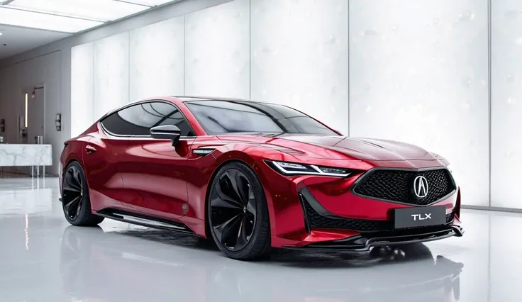 An ultra-realistic image of the right side view end of a futuristic 2026..Acura TLX Hybrid..Sedan.The. Sedan features a large, imposing, and aerodynamic design with a glossy, Red Color exterior. The Front end has a wide, aggressive grille with intricate bl...