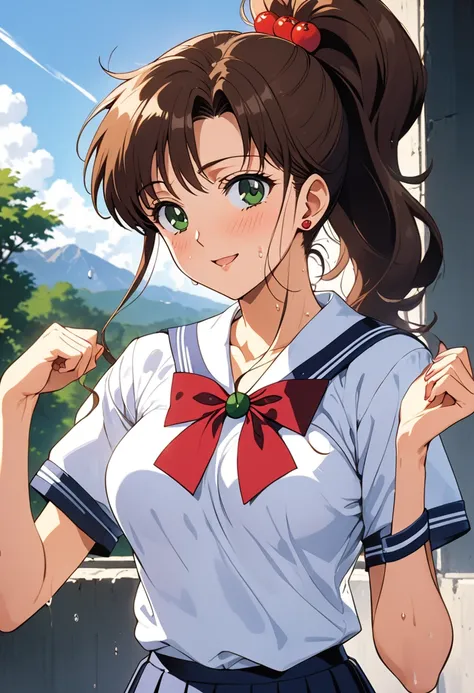 masterpiece, Best Quality, High resolution,16k,official art,super detailed skin,detailed,animated painting, (Makoto Kino),1990s \(style\),(highschool uniform,white long-sleave shirt,mini skirt:1.2)、(E-cup beautiful breasts)、clevage, (tall:1.2),height: 170c...