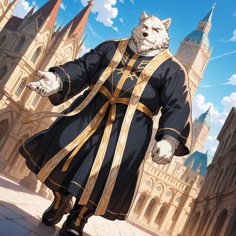 character focus, full body, looking away, dynamic angle, bishop, a musclegut middle-aged white fur wolf man, bishop costume clothes, bishop robe, blessing, BREAK full body in Michelangelo Buonarroti style, pastel-colored design, digital illustration anime,...