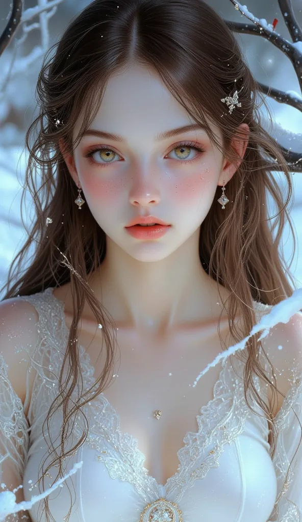 girl, long soft light brown hair,  brown eyes,  sharp features , light white skin, shiny pink lips,   beautiful ,  ideal, in a winter suit, high resolution, pure colors .