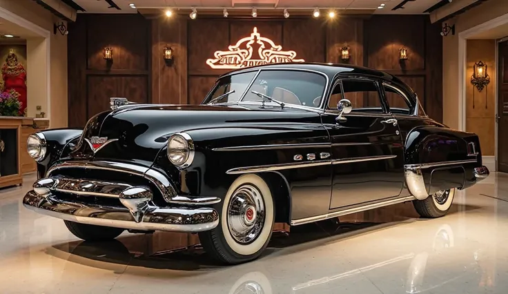 A full front views open doors full hd attractive shiny Black 2025 Oldsmobile Rocket 88 classic in luxury showroom. A logo "Oldsmobile Rocket 88" behind the wall.