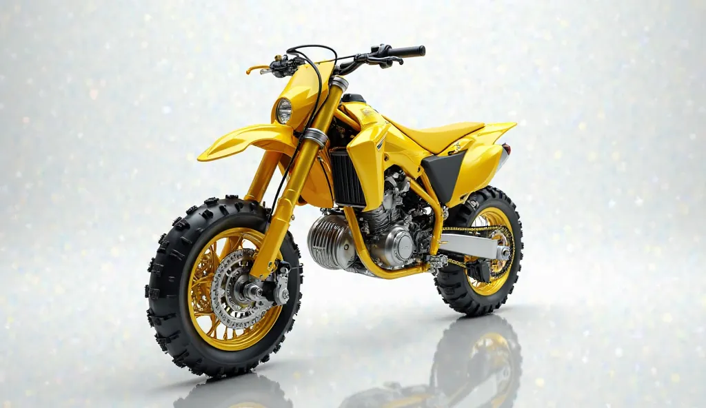 Generate a high-resolution, fully realistic image of a ( 2025 KAWASAKI KX300 TEASED ) dirt bike in ( yellow) , with a sleek and modern exterior, futuristic wheels, and a shimmering body color, displayed in a luxurious showroom full white and clean with a. ...