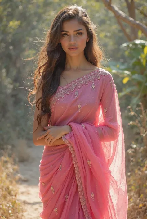 A tall fair girl wearing pink saree with long open hair with full sleeves