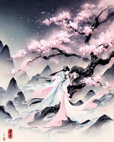 Ancient Chinese ink painting style, romantic couple in traditional hanfu standing together under a blooming cherry blossom tree, gentle falling petals, misty mountains in the background, soft pastel tones, elegant and ethereal atmosphere, flowing robes wit...