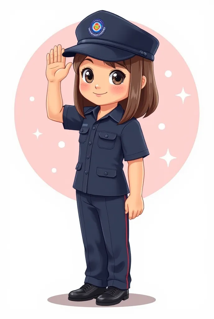 A cute cartoon style illustration of a brown-haired girl, wearing a dark blue short-sleeved uniform, slacks and a cap as the highlights, black dress shoes. She has a cheerful expression, big round eyes and a wide smile. She stands up straight and raises he...