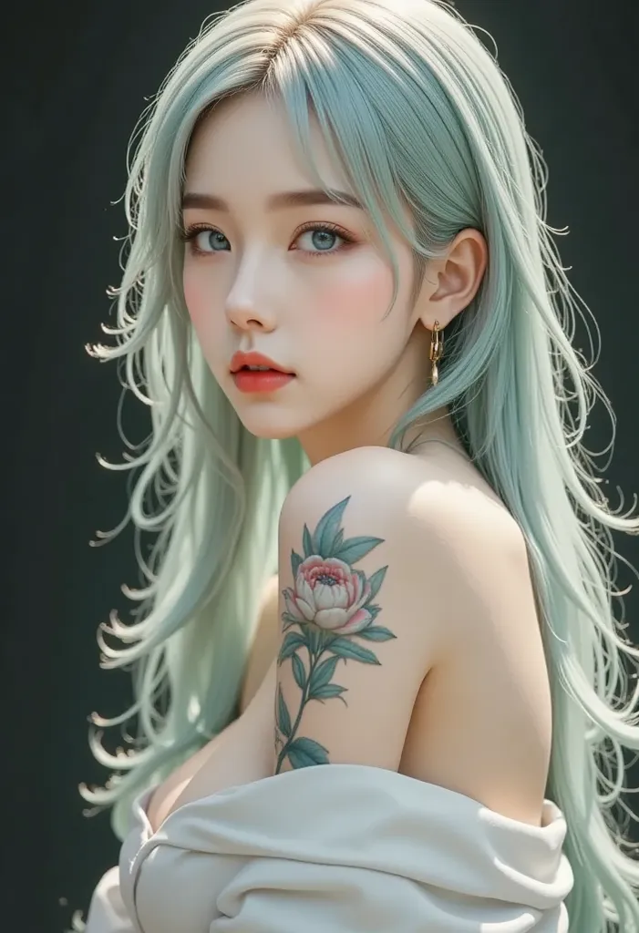 (realistic on the hand,  realistic photo , ( Highest image quality  : 1.5), accurate anatomy,  accurate hands ,  accurate hands 가락),beautiful breasts을 가진 미소녀, green hair, (hair color : 1.4), green eyes ,beautiful breasts : 1.5, transparent skin on the fron...