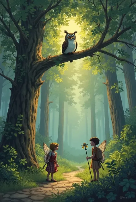 As they walked deeper, they heard a wise hoot. It was Grumpy, an old owl sitting high in a tree.

Grumpy: Hoo-hoo! What brings you here, young ones?

Fairy: Grumpy, this is Tommy. He's exploring for the first time!

Tommy: Nice to meet you, Grumpy!

Grumpy...