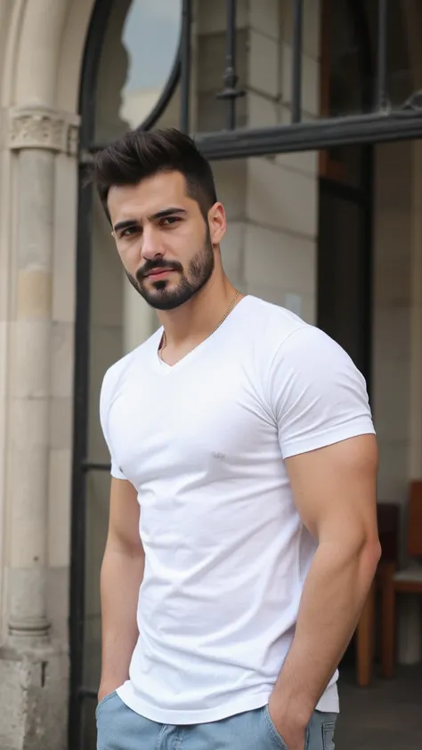 a handsome young turkish guy with muscle, dark very short hair fade and goatee beard  he wearing a white tshirt and a loose light jeans  and a thin gold chain he is in cologne  cathedral amateur photo random picture and location is germany he has very much...