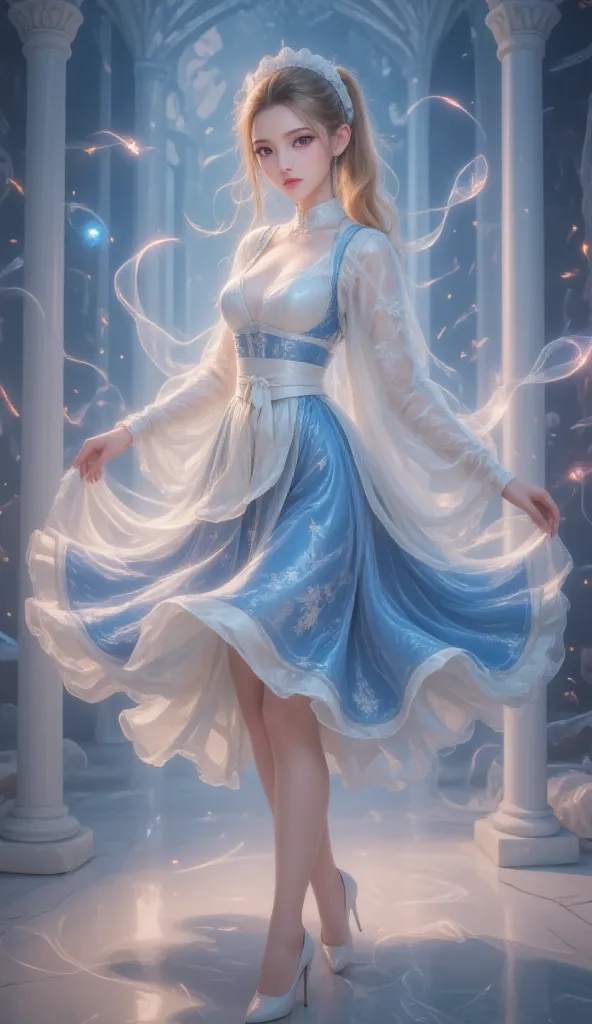 A maid with a golden double ponytail and amber-colored eyes twirls and dances gracefully, Her fluffy blue and white maid dress flutters around her. A magical anime-style background filled with colorful particle effects and sparkling lights