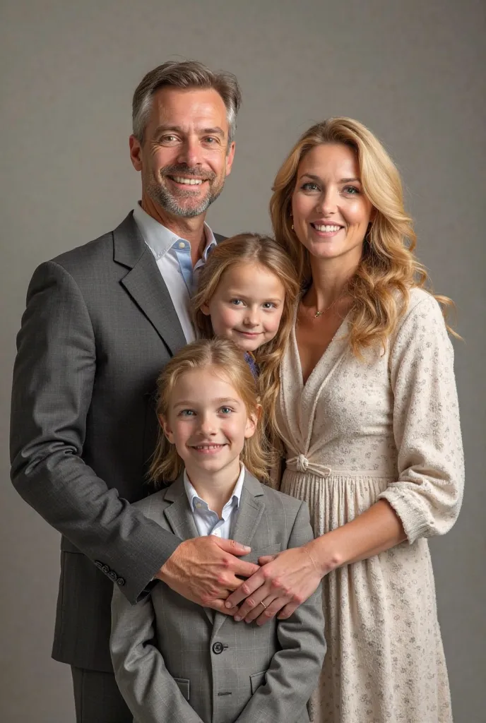 a family with four members with a photo of a rich, blond family, with a 50-year-old father, a 47-year-old mother, a 20-year-old son and a 16-year-old daughter, In the studio 