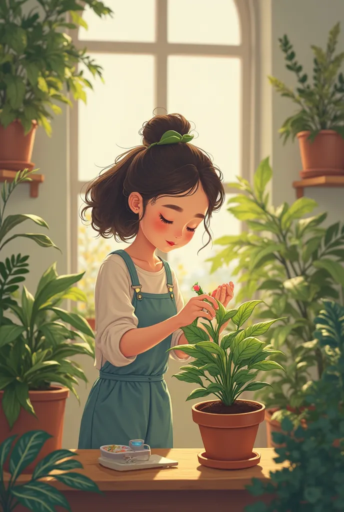 At home, ren like to take care of plants. When Dau Dau takes care of the plant and water it well, the plant is happy and green.