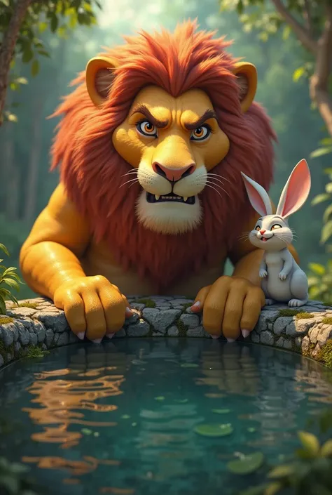 In 3d animation style *A giant lion leans over a deep well, staring into the water. His reflection appears like another lion, making him even angrier. The rabbit stands behind him, watching with a sly smile. The well is made of old stone, with moss growing...