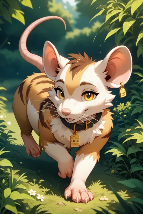 Yellow-eared rat。The tail is thick and jagged。Electric Attribute。Body length is 0.4m、Weight is 6.0kg、No clothes, cute form。My whole body is yellow、brown stripes on the back。