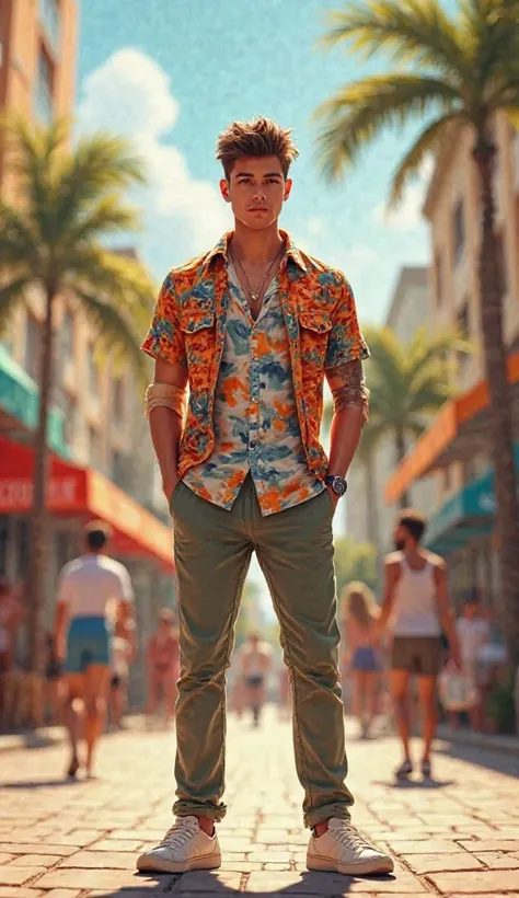 Let's create a picture of a young man about twenty years old,Silas Hurrican shirt face and men's european pants are standing on the summer street