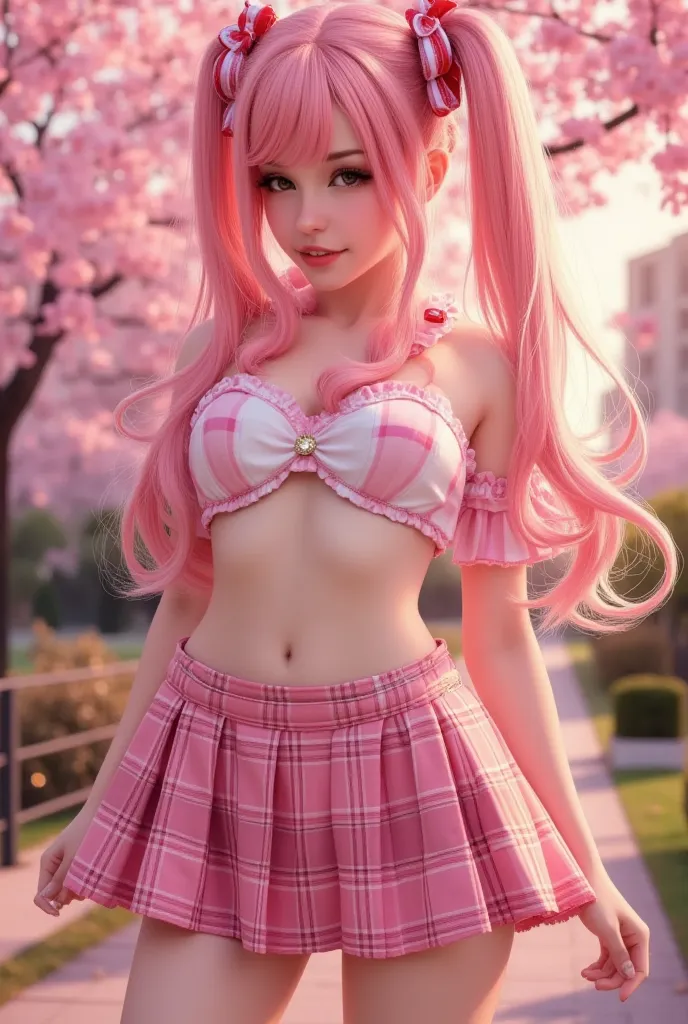 (long_twin_tails),(brown_eye,pink_hair),(pink-plaid-school-girl_SEXY),(short_skirt),(full_body_picture),detailed_school_girl,seductive_expression,wandering_gaze,confident_posture,blushing_face,4k,ultra-detailed,photorealistic,hdr,studio_lighting,vivid_colo...