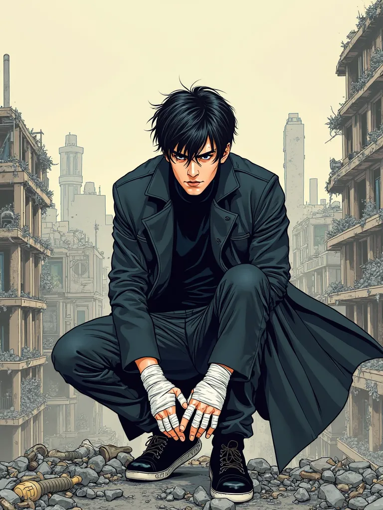 Handsome young man with black hair in a black long coat, wearing a black sweater , squats on the roof of a ruined city. The man's hands are bandaged. A bright, rich picture. 
 line art 


