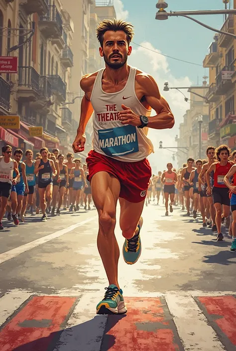 Draw me a marathon pic promotion written  “at theatre marathon “ also written 12 march “ a promotion calender, make it look professional , many people are gonna see it, im promoting a race to millions of people