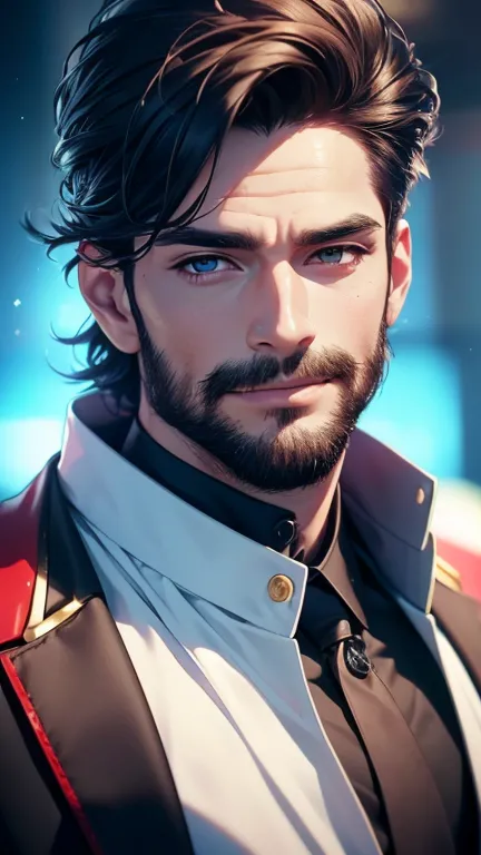 ( better quality,4K,8k,  highres, masterpiece :1.2),  ultra-detailed ,(Realistic,photoRealistic,photo-Realistic:1.37),34 years old, man,One-day beard ,Beautiful anime,Portraits,strong,masculine,  with dark hair  ,sharp jaw,   mesmerizing eyes   ,  perfectl...