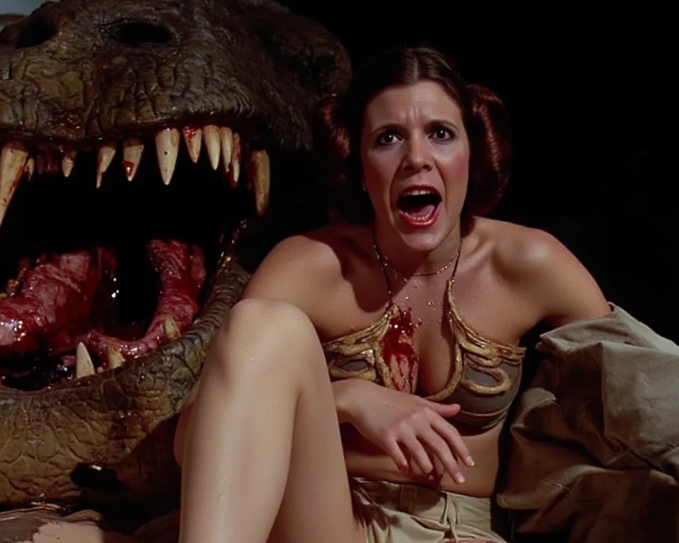 Princess Leia in her underwear is being eaten by a giant dinosaur。
 she is screaming in so much pain。
She has wide open thighs。
Dinosaurs are slurping her。
実写風
tearsを流しながら助けを求めている
号泣，tears