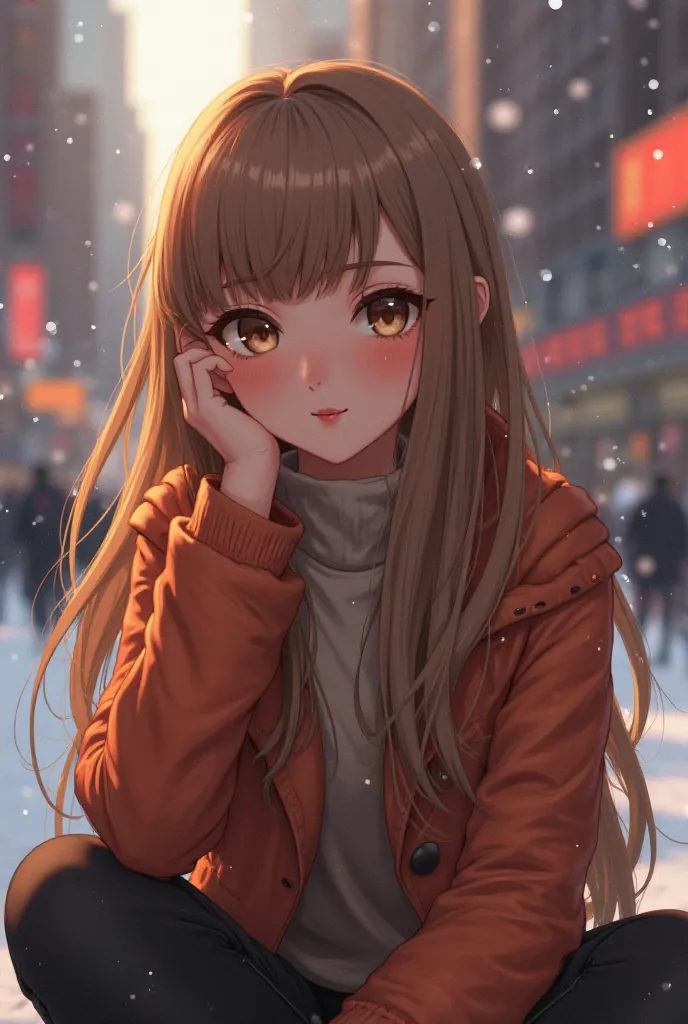 Futuristic image style, anime,  Realistic, background colorimetry, warm colors,  Facial Features ,  light skin color , deep eyes, raised nose, thin eyebrows, thin lips, lips with Cupid's heart,  smiling, elongated face type, ears provided to the nose, Ligh...