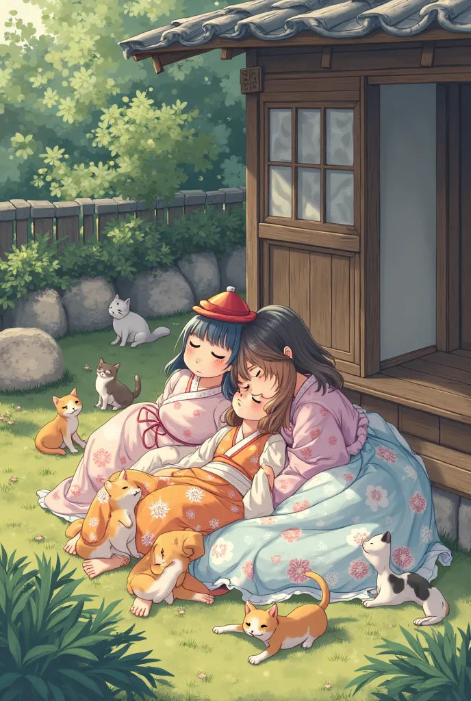 Anime Girls Sleep in the old japanese house backyard with beautiful clothes , sleep with her  4 Dogs , 5 Cats and Bird
Sleep peacefully
Landscape