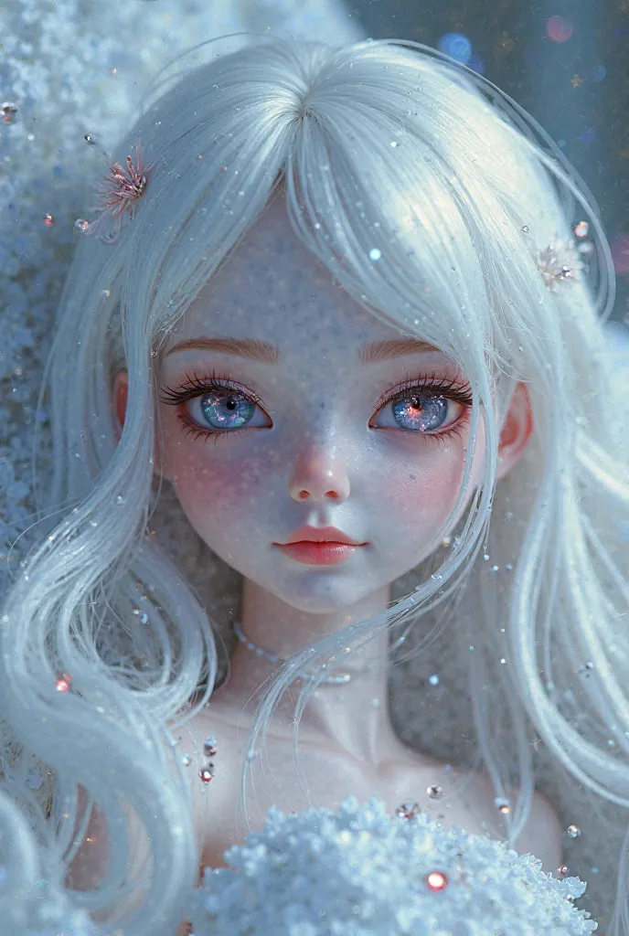 a beautiful  albino angel barbie style 3d she got metallic and glimmers makeup her eyesher black, blue sky ash metallic eyes, Longitudinal pupils/cat&#39;s eyes, Bright Eyes, Droopy eyes, Open your eyes eyes, reflecting galaxies and celestial light. Create...