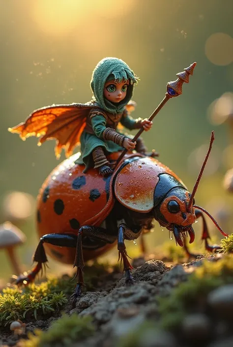 "A hyper-realistic macro photograph of a fierce miniature warrior with tribal face paint, gripping a toothpick-sized spear while astride a marching army ant. The ant’s glossy exoskeleton and powerful mandibles are rendered in extreme detail. The warrior we...