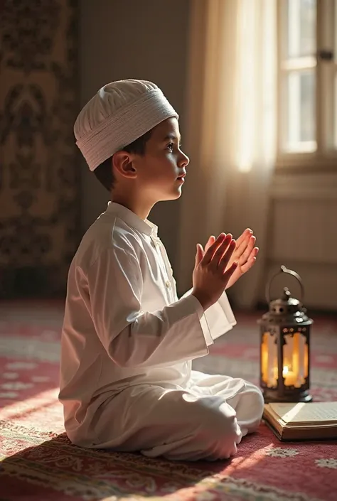 "A young Muslim boy wearing a white prayer cap (taqiyah) and a traditional kurta, praying on a prayer mat. His hands are raised in supplication. The room is softly lit, with a Quran and a lantern beside him, creating a serene spiritual atmosphere."