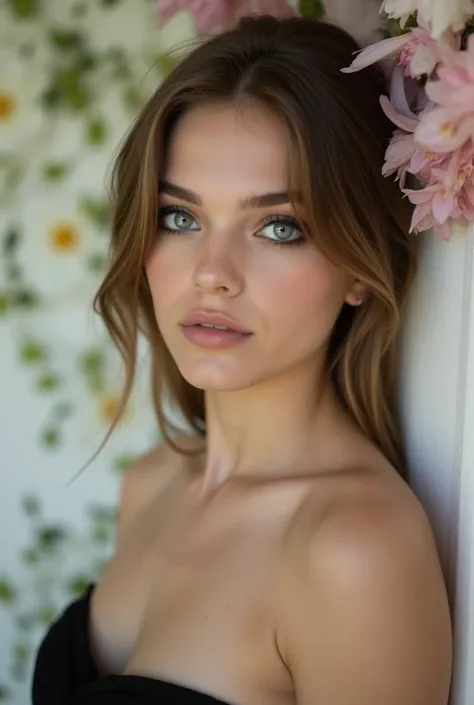 Focus on eyes,Piercing heterochromia eyes, one blue one green,,Bare shoulders,black bandeau dress,White wall of flowers,Natalie dormer, Ethereal,Portrait,Closeup, portrait,girl posing,Closeup candid photo,Hailee steinfeld  and Maddison beer ,,Closeup,Young...